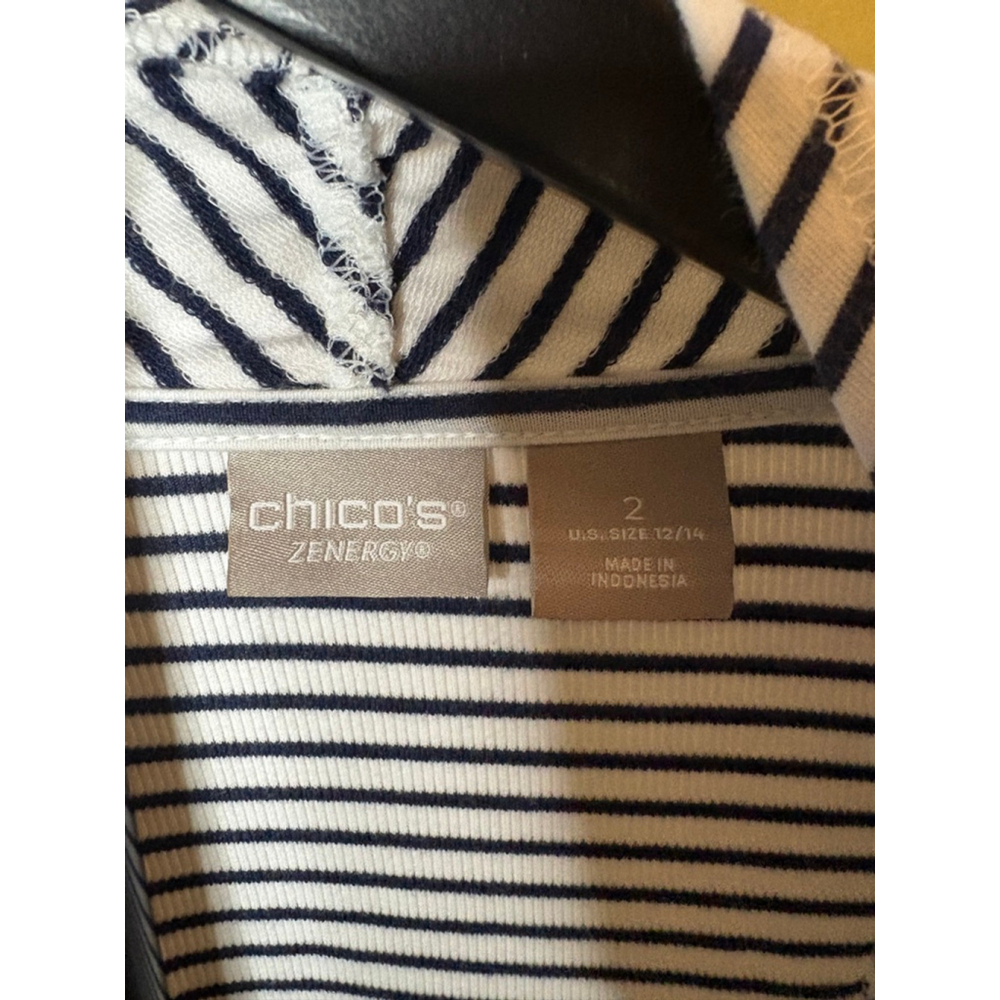 Chico's Zenergy White & Navy Striped Open Cardigan L 12/14 asymmetrical nautical - Picture 5 of 7